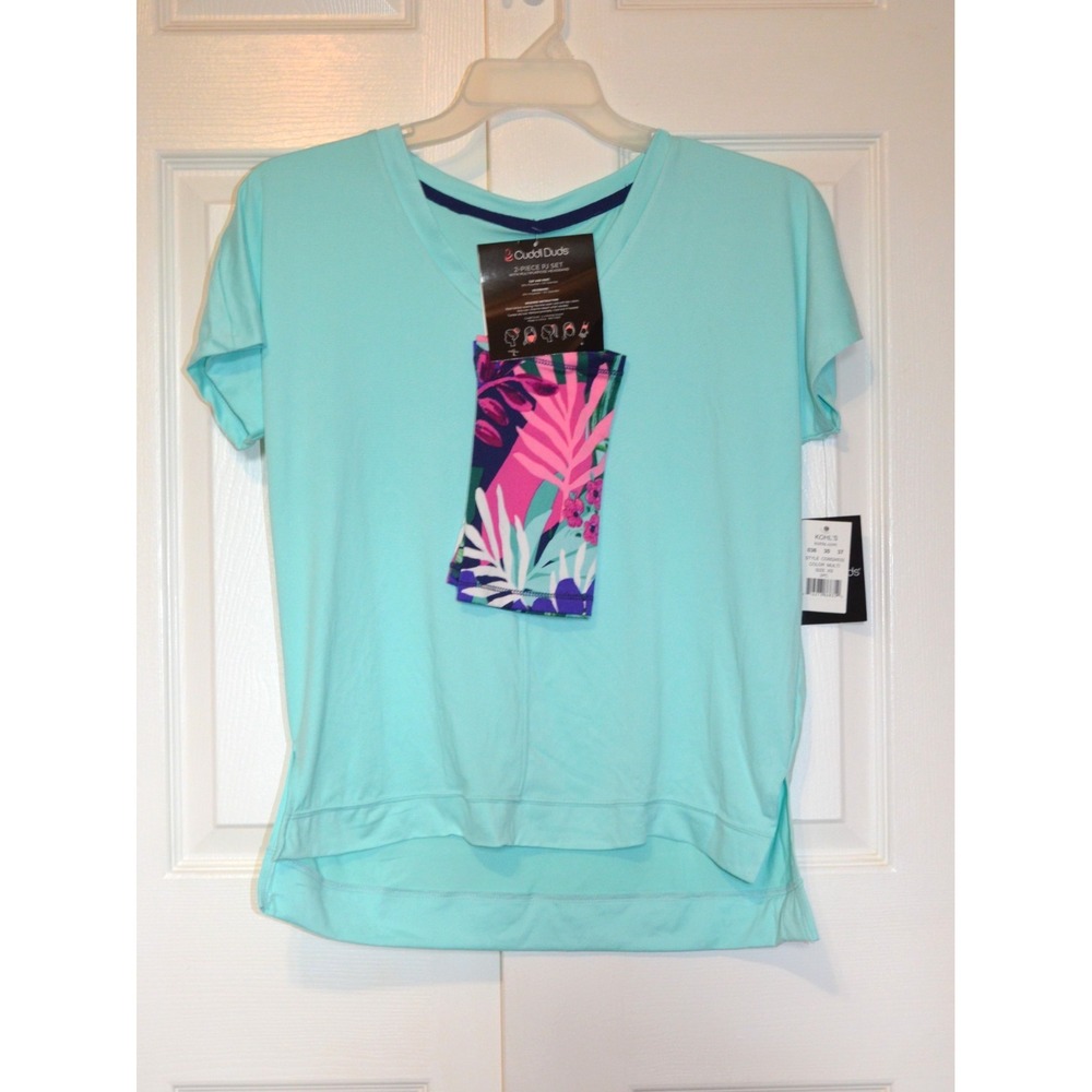 Nwt's Cuddl Duds PJ Top Shirt w/ Floral Headband Size XS Turquoise